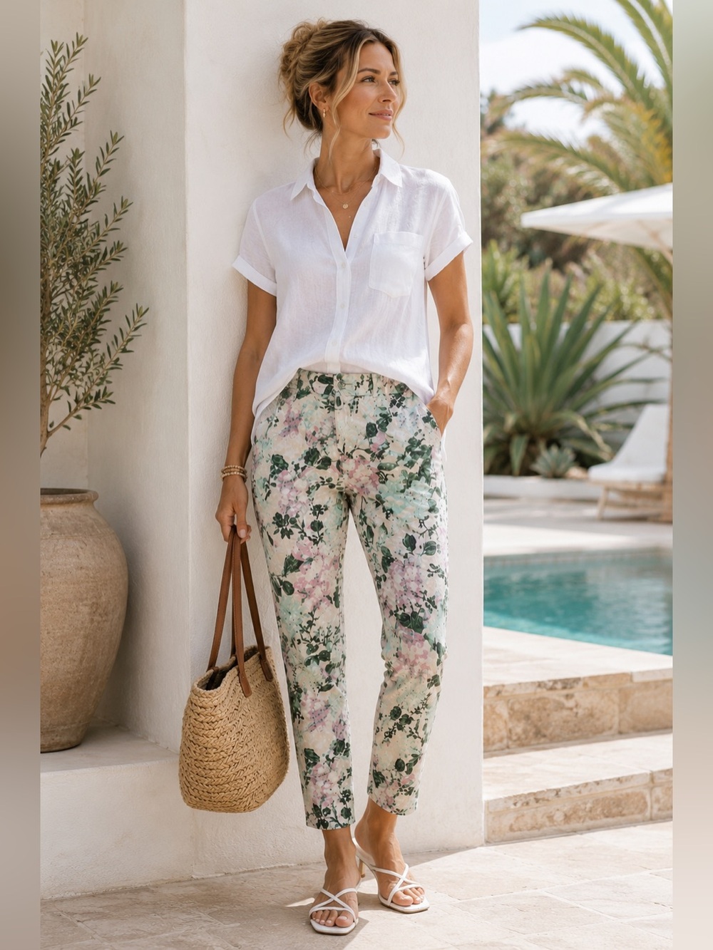 J.Jill Linen Stretch Floral Ankle Pants Coastal Resort Quiet Luxury- Med